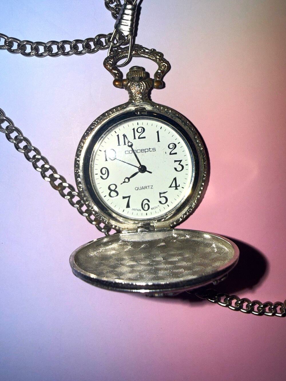 Concepts Quartz Full Hunter Pocket Watch w/ Chain Silver Case White Dial
